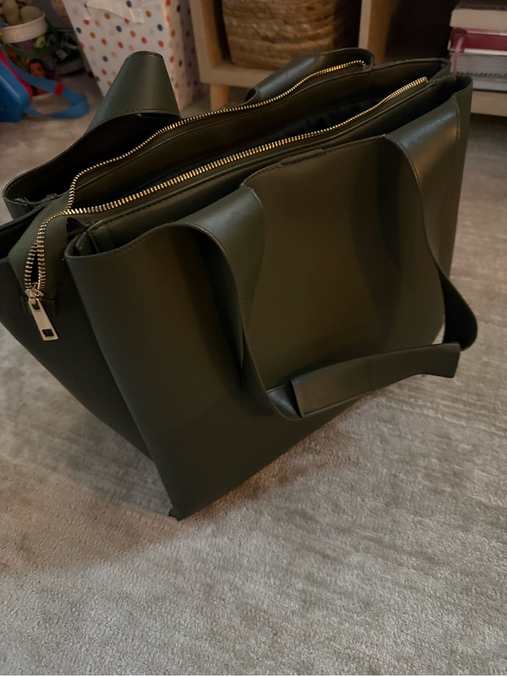 Structured Olive Green Tote Bag with Gold Hardware